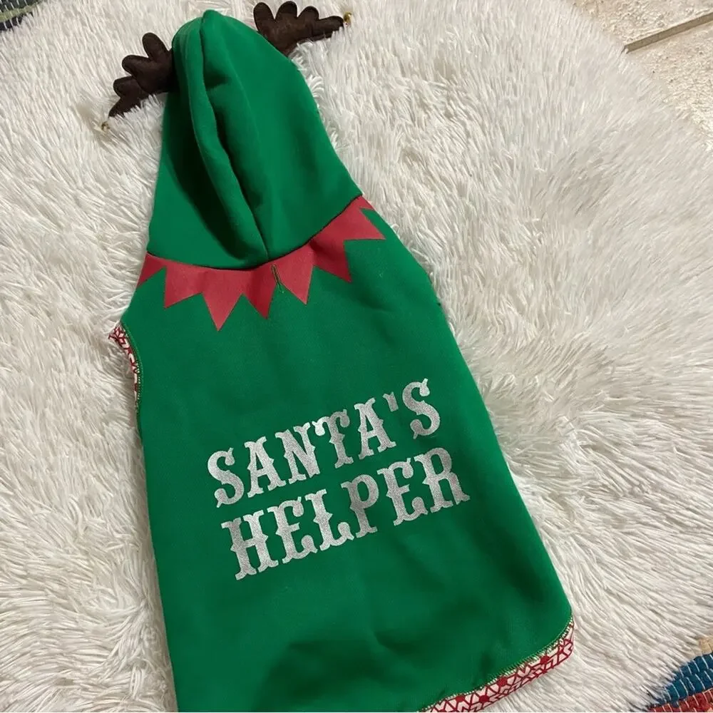 Santa’s Helper Green Reindeer Antlers Hooded Dog Costume Shirt